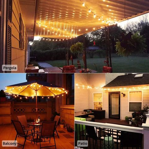 G40 LED Replacement Bulbs 1W Shatterproof Globe illuminating patio, pergola, and balcony at night, warm white light ambiance.
