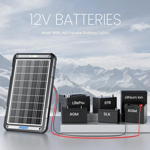 12V Solar Car Battery Charger With MPPT Controller 15W Trickle Maintainer connected to various battery types on snowy landscape