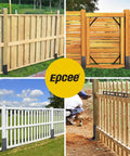 Heavy Duty Steel Fence Post Repair Kit 4x4 Actual 3.6x3.6 Ground Spike Anchors securing various outdoor wooden fence styles.