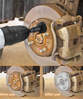 Garage Ready Brake Hub Cleaning And Resurfacing Kit with 6 brush heads in use on car wheel hub, before and after cleaning