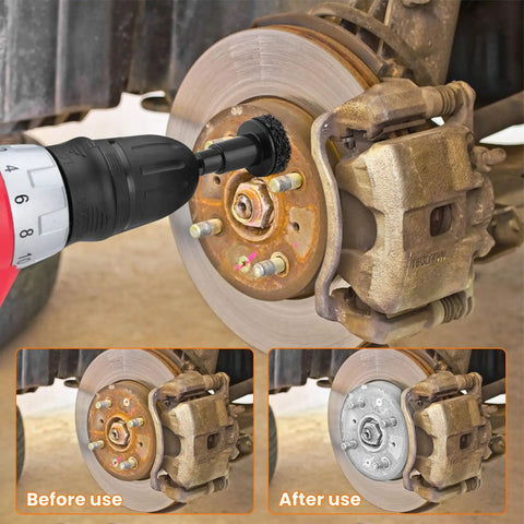 Garage Ready Brake Hub Cleaning And Resurfacing Kit with 6 brush heads in use on car wheel hub, before and after cleaning