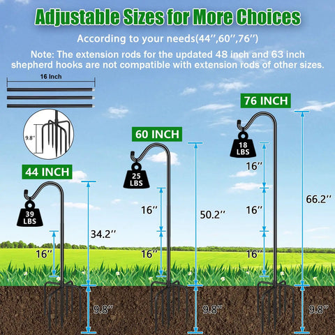 Image showing three bird feeder poles of different heights with weights, including 76 Inch Bird Feeder Pole With Heavy Duty Shepherds Hook Base.