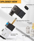 Exploded view of Two Position Three Way Pneumatic Solenoid Valve DC24V with coil, valve stem, mufflers, and quick connect fittings.
