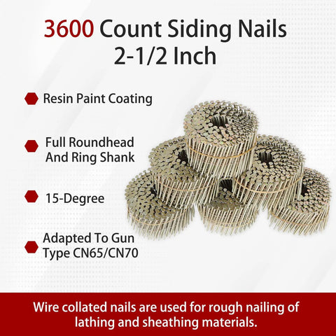 3600 Count Siding Nails Two And A Half Inch By 0.090 Inch 15 Degree Wire Collated Coil Resin Paint Coated Ring Shank