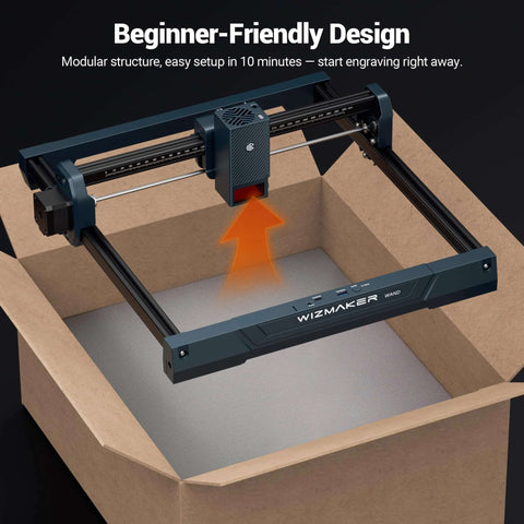 WIZMAKER laser engraver in blue frame with 300x300mm work area, front branding visible inside a cardboard box