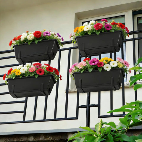 Level Up Your Porch Decor With This Ace Two Tier Railing Planter Box Set Black Window Boxes For Balcony Deck Garden Adjustable No Drill Clamp Rock Solid Iron Frame Easy Install Vibe with colorful flowers on a balcony railing.