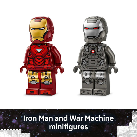 Iron Man and War Machine LEGO minifigures from Marvel Iron Man And War Machine Battle Drones Building Toy Set With Two Minifigures For Kids 7 Plus Block Building Fun Gift Idea For Birthdays Epic Hero Showdown For Collectors And Messy Builders Alike.