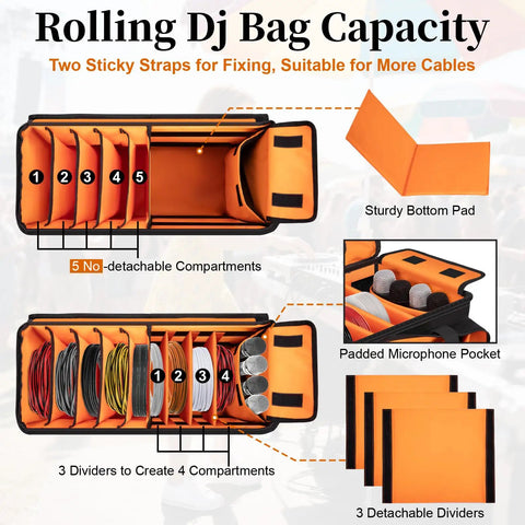 Rolling DJ Cable Bag With Laptop Pocket And Microphone Pocket Gear Case interior with compartments, dividers, and pad.