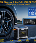 Portable Tire Inflator With Digital Pressure Gauge 12V DC Air Compressor For Car Tires Bikes And Motorcycles Fast Inflation Up To 150 PSI Compact Travel Pump next to car tire with LED display close-up.