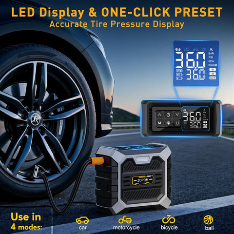 Portable Tire Inflator With Digital Pressure Gauge 12V DC Air Compressor For Car Tires Bikes And Motorcycles Fast Inflation Up To 150 PSI Compact Travel Pump next to car tire with LED display close-up.