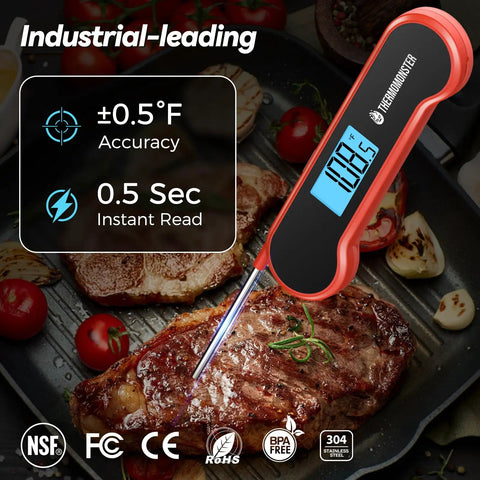 Ultra Fast 0.5 Second Digital Meat Thermometer With Plus Minus 0.5 F Precision displayed over grilled steak in pan
