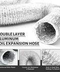 Close-up of double-layer aluminum foil expansion hose with text detail for 4 Inch By 12 Foot Flexible Aluminum Foil Dryer Vent Hose Kit With Stainless Steel Clamps And Aluminum Tape For Dryer Exhaust Ducting HVAC Venting Heating And Cooling Systems.