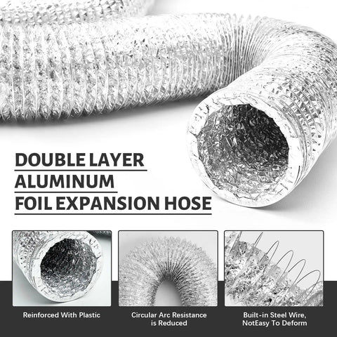 Close-up of double-layer aluminum foil expansion hose with text detail for 4 Inch By 12 Foot Flexible Aluminum Foil Dryer Vent Hose Kit With Stainless Steel Clamps And Aluminum Tape For Dryer Exhaust Ducting HVAC Venting Heating And Cooling Systems.