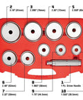 10 Pc Master Bearing Race And Seal Driver Kit with 9 precision wheel inserts from 1.565 to 3.180 inches in red case