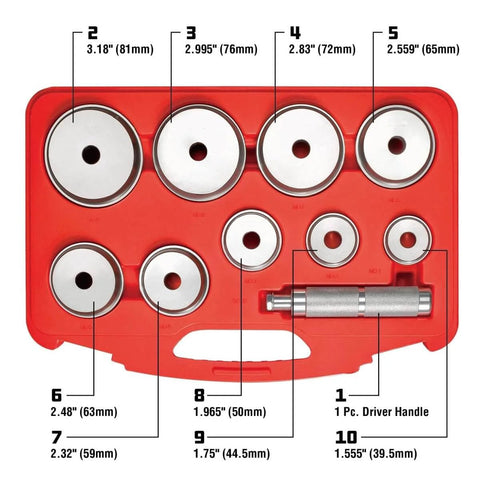 10 Pc Master Bearing Race And Seal Driver Kit with 9 precision wheel inserts from 1.565 to 3.180 inches in red case