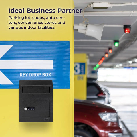 Drop Safe Box With Lock And Digital Keypad, wall mounted in parking facility for secure depository and access control use.