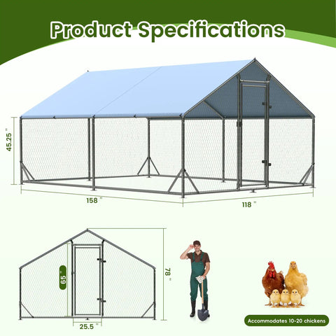 Spacious Walk In Chicken Run With Full Roof Cover For Backyard Poultry 13 Ft Long By 9.8 Ft Wide By 6.5 Ft High Heavy Duty Metal Coop Waterproof UV Resistant Canopy Enclosure For Chickens Ducks And Rabbits