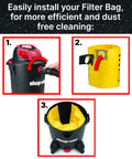 Easily install High Efficiency Disposable Vacuum Filter Bags For 5 To 8 Gallon Wet Dry Vacuums in a black shop vac with yellow bags.