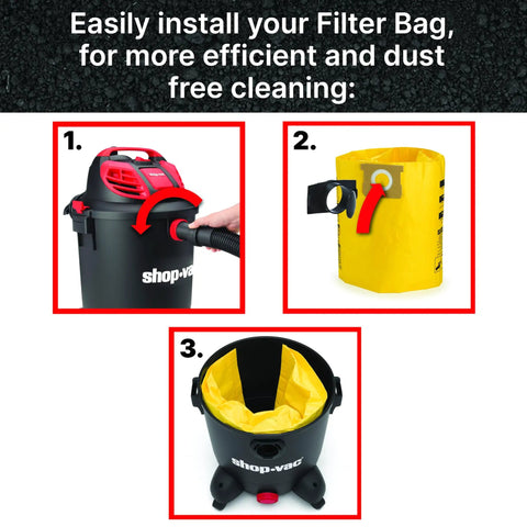 Easily install High Efficiency Disposable Vacuum Filter Bags For 5 To 8 Gallon Wet Dry Vacuums in a black shop vac with yellow bags.