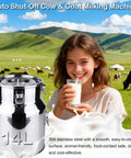 Girl drinking milk near 14L Portable Electric Milking Machine For Cows And Goats Rechargeable Vacuum Pump Stainless Steel