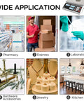 Image showing six applications of a 10Kg Digital Counting Scale With 0.1g Precision For Inventory And Parts: pharmacy, express, laboratory, hardware, jewelry, kitchen.