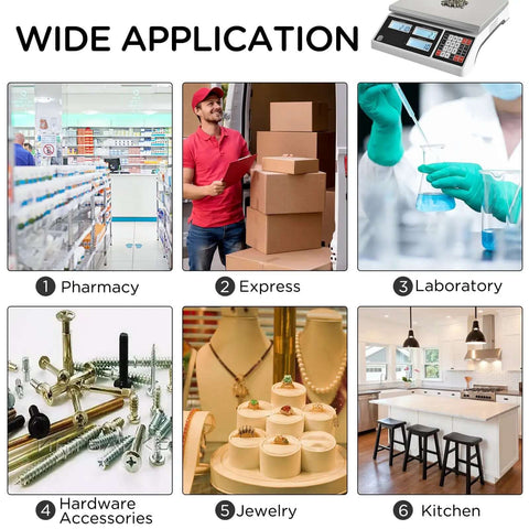 Image showing six applications of a 10Kg Digital Counting Scale With 0.1g Precision For Inventory And Parts: pharmacy, express, laboratory, hardware, jewelry, kitchen.