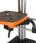 The Real Deal 12 Inch Benchtop Drill Press With Variable Speed 580 To 3200 RPM And Digital Readout cast iron base and orange work table top.