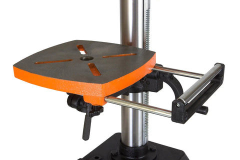 The Real Deal 12 Inch Benchtop Drill Press With Variable Speed 580 To 3200 RPM And Digital Readout cast iron base and orange work table top.