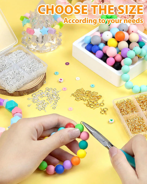 Hands using pliers on colorful beads with 600 pcs small eye pins for jewelry making and DIY crafts gold and silver 3 sizes.