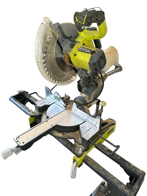 Zero Clearance Miter Saw Insert For Ryobi Sliding Compound Saw TSS121 attached to saw, displaying cutting surface and blade guard