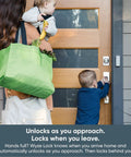Woman with groceries and child using Keyless Entry Smart Door Lock With WiFi And Bluetooth, Lock Or Unlock From Your Phone, Works With Alexa And Google Assistant, Fits Most Deadbolts, Includes Gateway, Auto Lock And Auto Unlock, Certified For Humans on home door.
