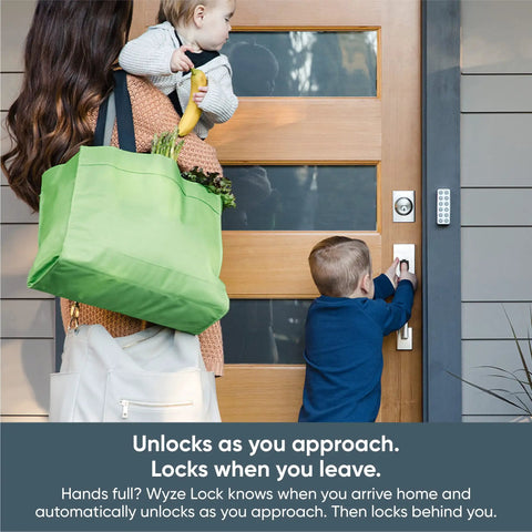 Woman with groceries and child using Keyless Entry Smart Door Lock With WiFi And Bluetooth, Lock Or Unlock From Your Phone, Works With Alexa And Google Assistant, Fits Most Deadbolts, Includes Gateway, Auto Lock And Auto Unlock, Certified For Humans on home door.