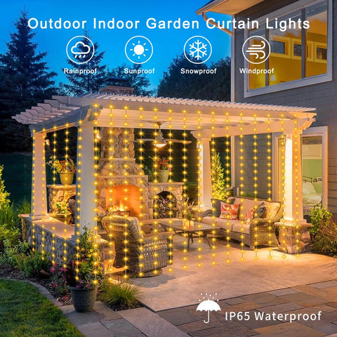 Solar Curtain Lights 7.9 Feet By 6 Feet With 144 LEDs Outdoor Waterproof Fairy String Lights on gazebo at night