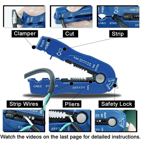 DIY Cable Stripping Kit For Electronics And Auto Repair, 10 To 20 AWG Wire Stripper And Round Cable Cutter, close-up features