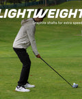 Teen Golf Club Set For Ages 13 To 16 with Titanium Driver and graphite shaft in golfer's hand on green field.