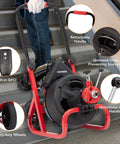 100Ft Electric Drain Cleaner Machine With Auto Feed Direction Control Sewer Snake And Heavy Duty Pro Grade Auger shown on stairs with retractable handle.
