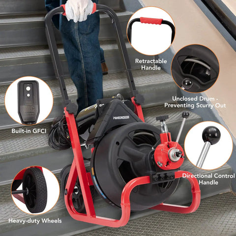 100Ft Electric Drain Cleaner Machine With Auto Feed Direction Control Sewer Snake And Heavy Duty Pro Grade Auger shown on stairs with retractable handle.