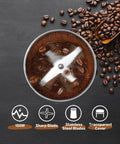 Electric Coffee And Spice Grinder Handheld 150W Quick Grinding With Stainless Steel Blades top view with coffee beans.