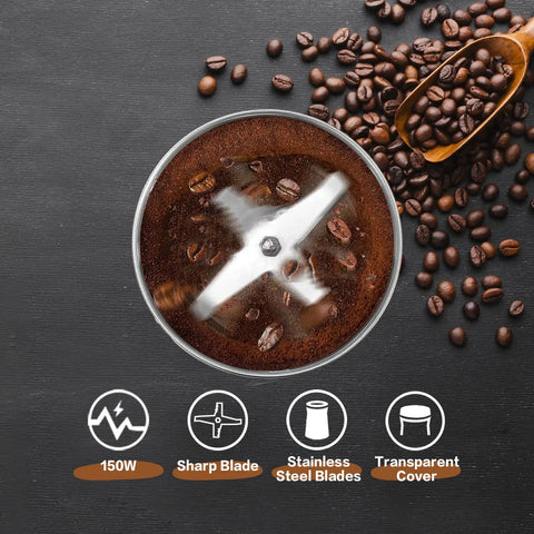 Electric Coffee And Spice Grinder Handheld 150W Quick Grinding With Stainless Steel Blades top view with coffee beans.