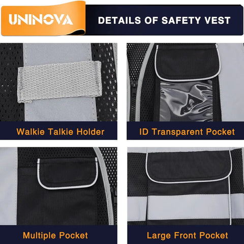 High Visibility Safety Vest With Six Front Pockets Two Mic Clip Holders And One D Ring Reflective Mesh for breathability pocket details