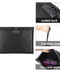 Fireproof And Waterproof Document Bag with Lock for A4 Papers, showing coded lock, portable handle, and card slots
