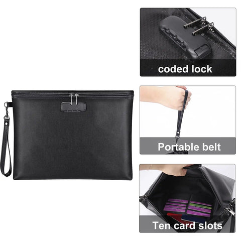 Fireproof And Waterproof Document Bag with Lock for A4 Papers, showing coded lock, portable handle, and card slots