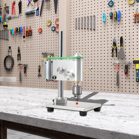 Straight Up Hella Precise Mini Bench Drill Micro Drilling Machine on table, showing adjustable speed adapter and metal frame.