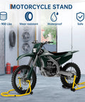 900 Lbs Front And Rear Universal Motorcycle Stand Lift For Most Sport And Dirt Bikes Yellow Portable Bike Stand With Adjustable Brackets Fits Yamaha Honda Kawasaki Suzuki BMW And More installed on bike in garage setting.