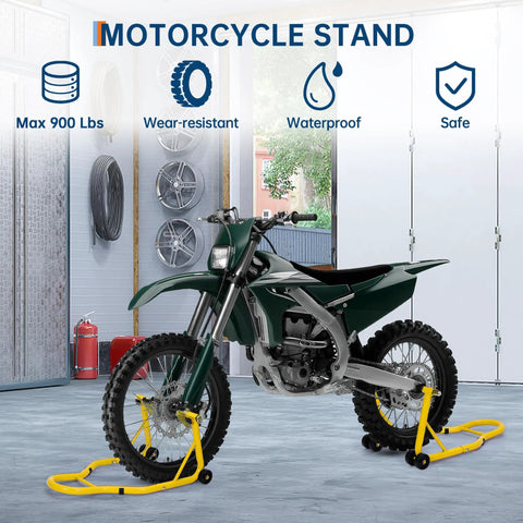 900 Lbs Front And Rear Universal Motorcycle Stand Lift For Most Sport And Dirt Bikes Yellow Portable Bike Stand With Adjustable Brackets Fits Yamaha Honda Kawasaki Suzuki BMW And More installed on bike in garage setting.