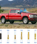 4.7 Inch Carbon Fiber Car Radio Antenna Mast Replacement on red truck with adapter sizes visible, universal fit, car wash safe.