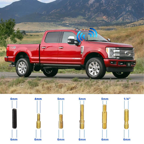 4.7 Inch Carbon Fiber Car Radio Antenna Mast Replacement on red truck with adapter sizes visible, universal fit, car wash safe.
