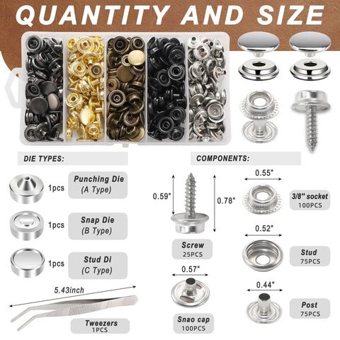 Canvas Snap Kit With 405 Pcs Boat Cover Snaps, 15mm Marine Stainless Fasteners, Snap Tool Pliers, 5 Colors, Pro Grade components display.