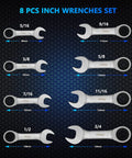 8 Piece Stubby Ratcheting Wrench Set Five Sixteenth Inch to Three Quarter Inch SAE 12 Point 72 Tooth CRV Steel diagram