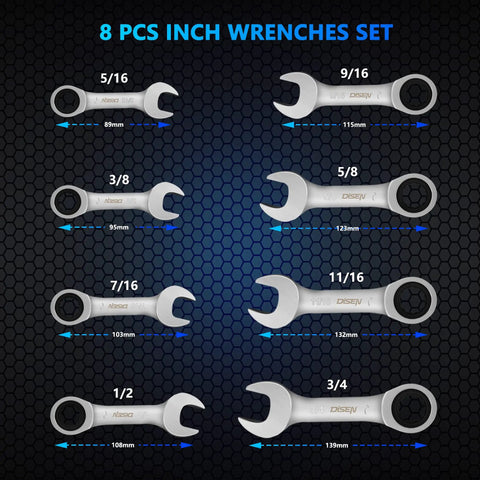 8 Piece Stubby Ratcheting Wrench Set Five Sixteenth Inch to Three Quarter Inch SAE 12 Point 72 Tooth CRV Steel diagram